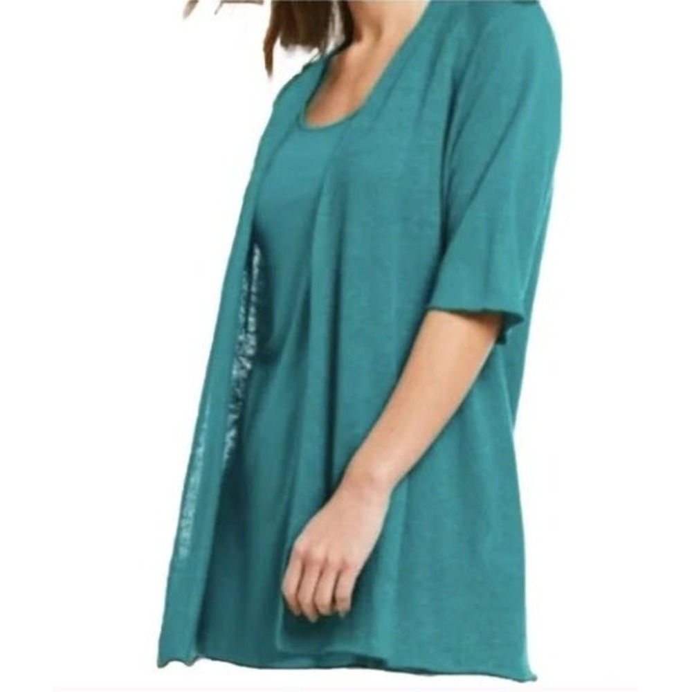 Eileen‎ Fisher Teal Green Open Front Half Sleeve Organic Linen Cardigan Size PP